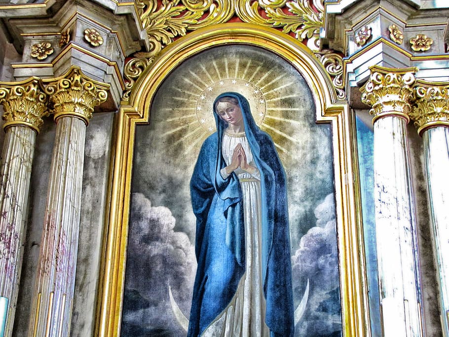 religious woman painting, church, interior, columns, virgin mary, HD wallpaper