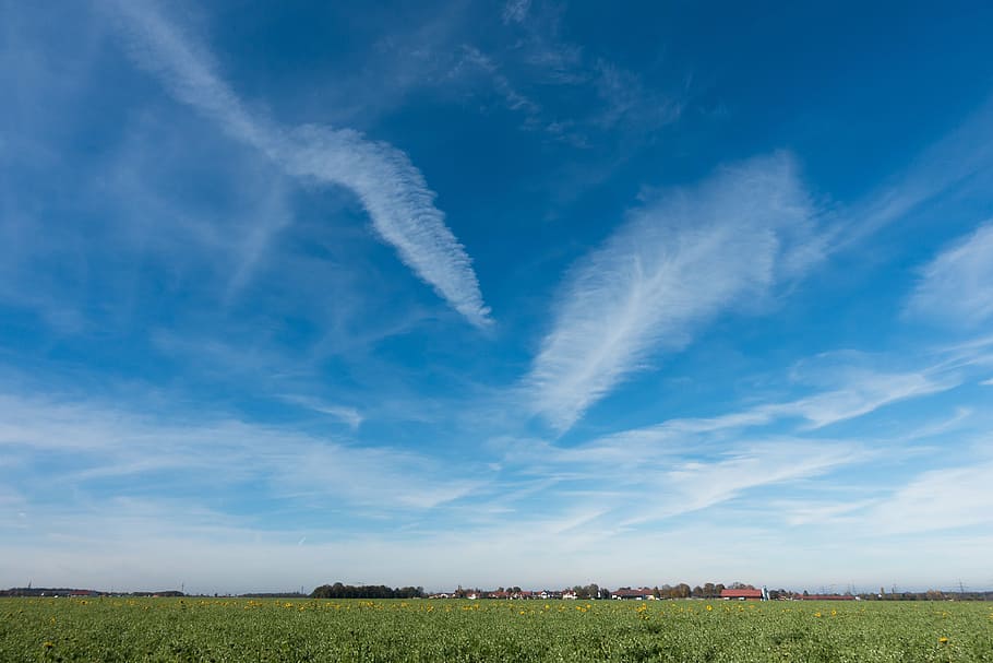 sky, white, blue, field, village, clouds, arable, agriculture HD wallpaper