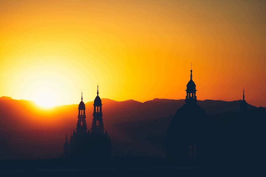 silhouette of temples and mountain, church, orange, sunset HD wallpaper