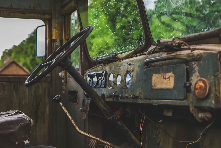 abandoned car, black car interior, old, rust, dash, wheel, mode of transportation HD wallpaper