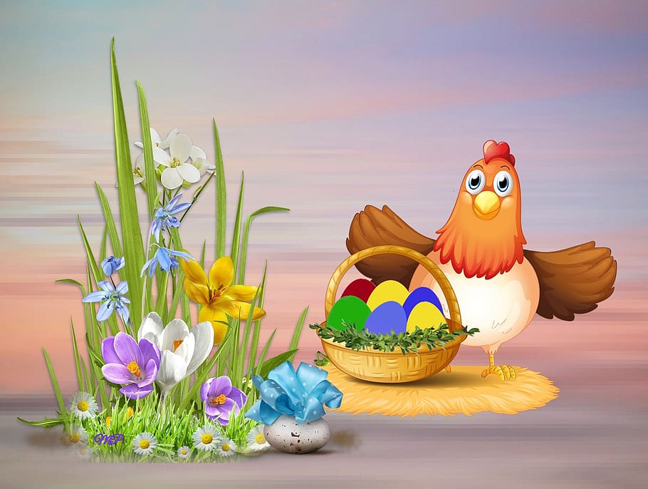 easter holidays, flower, basket, eggs, animal representation HD wallpaper