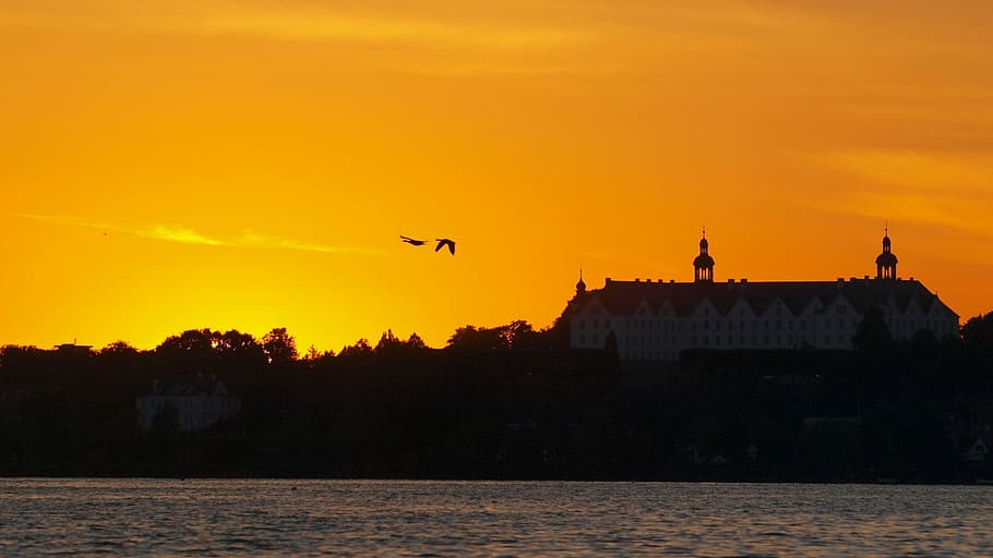 Plön, Castle, Sun, Sunset, Mood, Germany, light, back light HD wallpaper