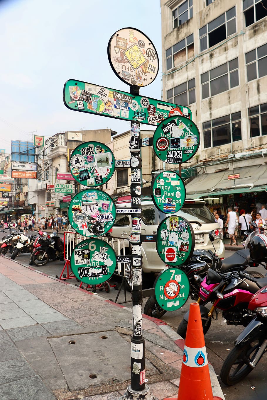 can’t take my eyes off you, green and black road signage with stickers beside traffic cone, HD wallpaper