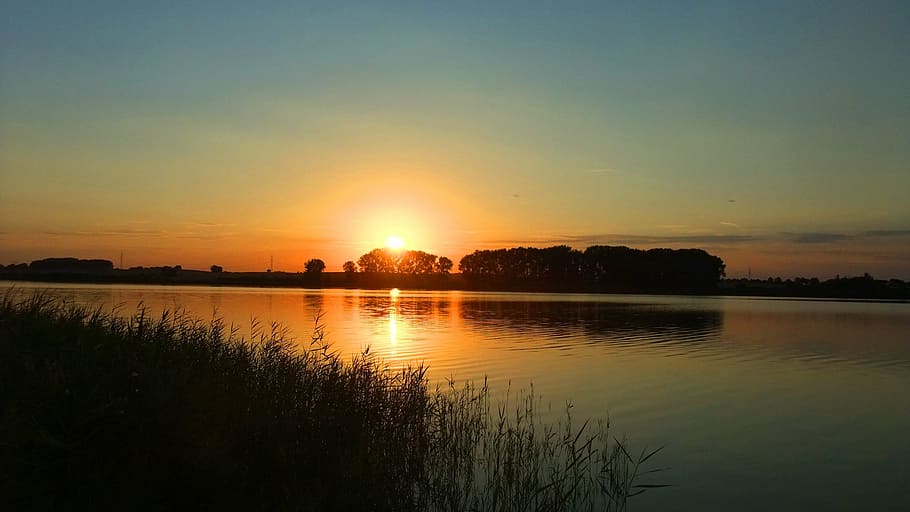 sunset, lake, nature, reflection, dusk, landscape, water, silhouette HD wallpaper