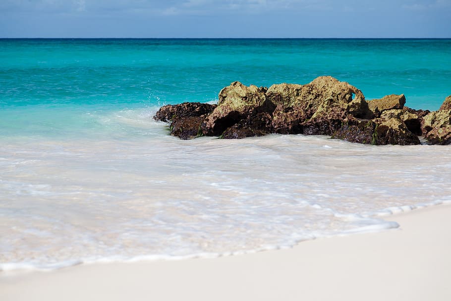 rock formation on beach sand, azure, blue, landscape, nature HD wallpaper