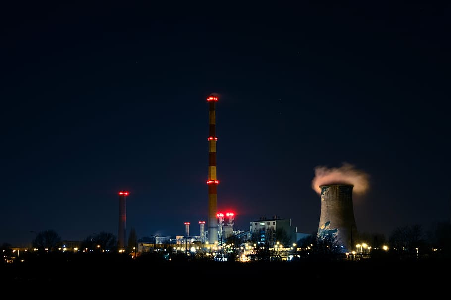 building, construction, factory, industry, night, pollution HD wallpaper