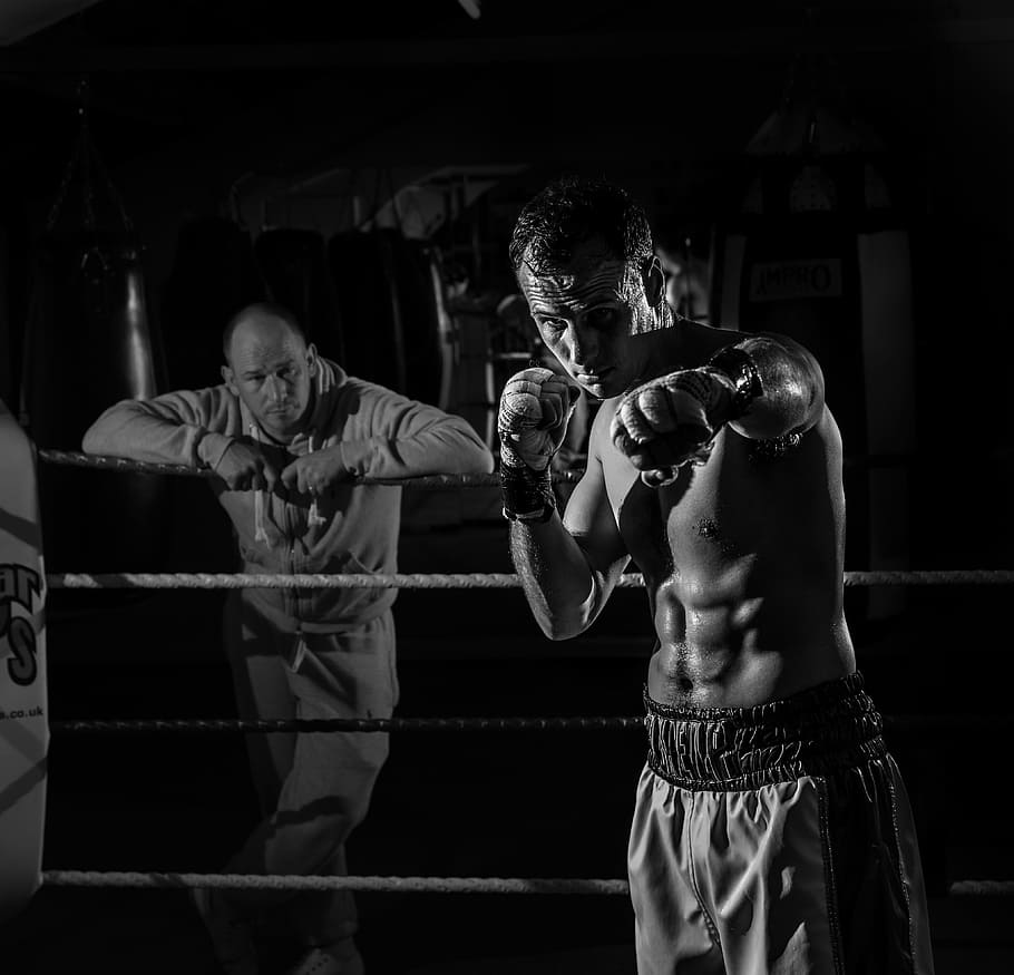 grayscale photography of boxer inside ring, boxing, fitness, sport, HD wallpaper