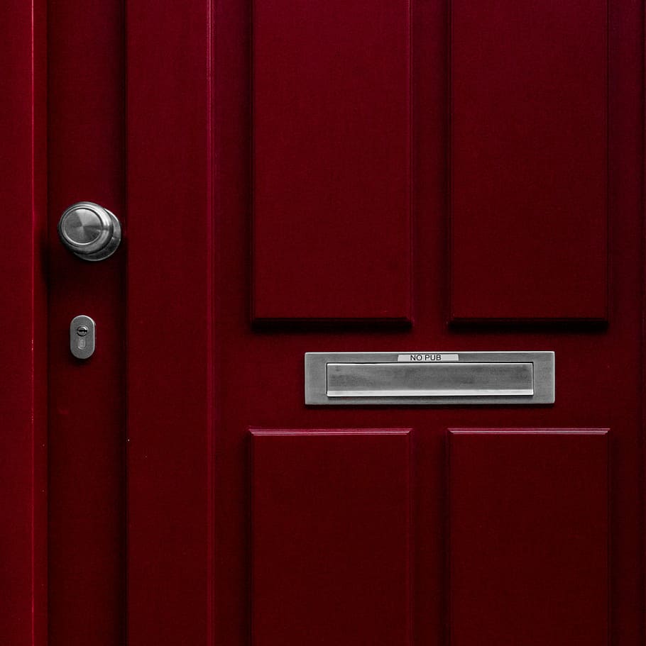 red wooden door with mail box, red wooden door, letterbox, label