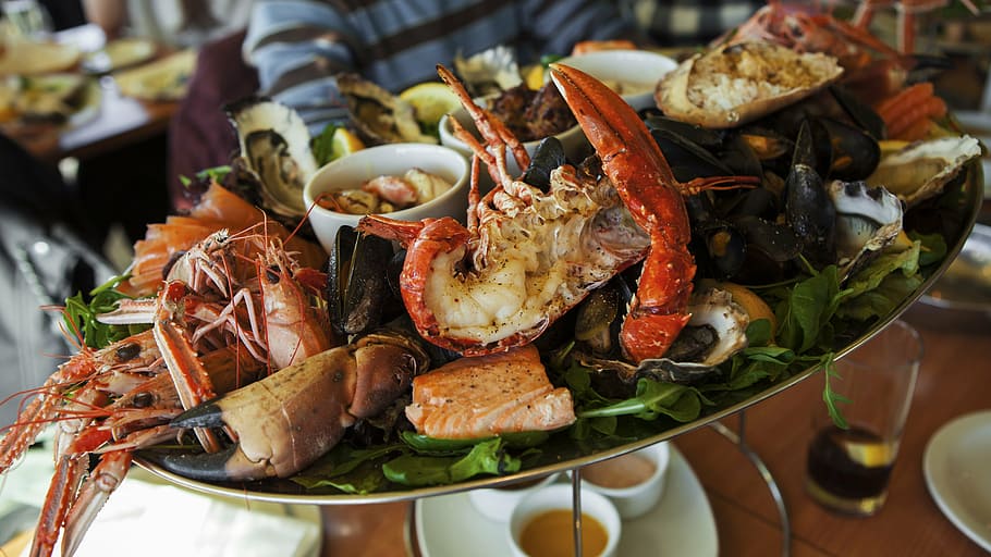 cooked seafoods with sauces, united kingdom, scotland, auburn