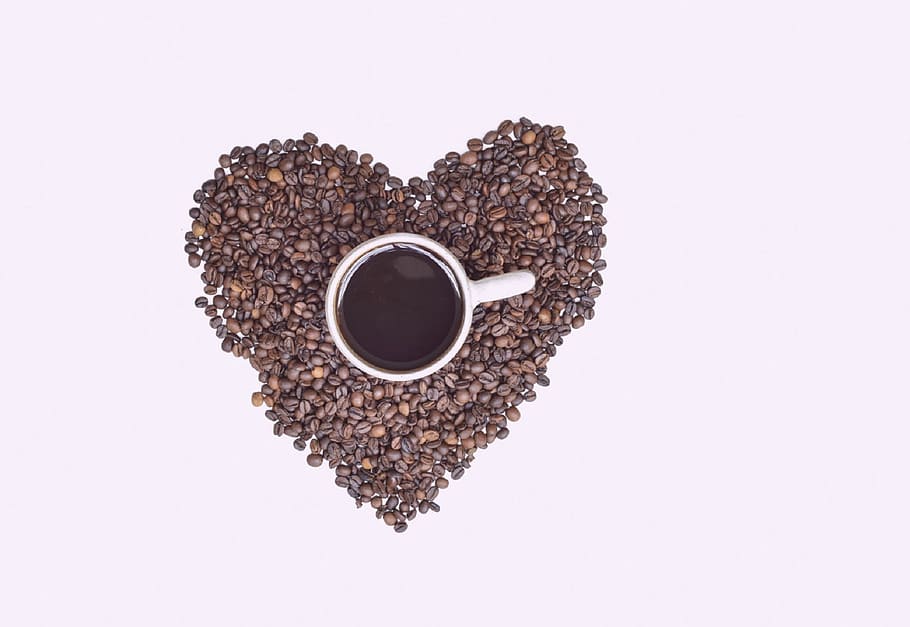 coffee in mug beside black coffee beans, heart, cup, love, cup of coffee HD wallpaper