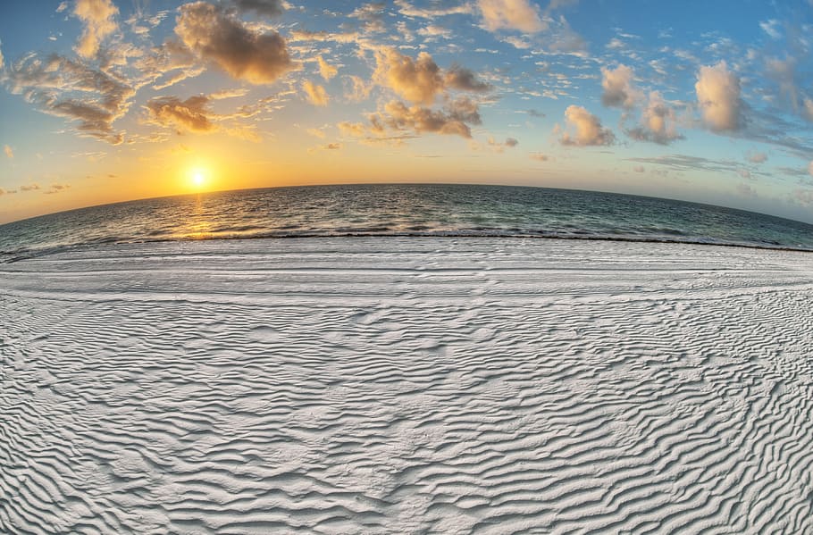 landscape photo of seashore, beach, sand, ocean, sky, sun, elements HD wallpaper
