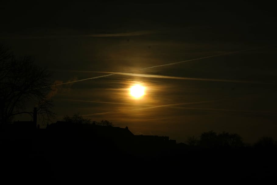 sunset, contrail, sky, clouds, golden, sparkle, abendstimmung HD wallpaper