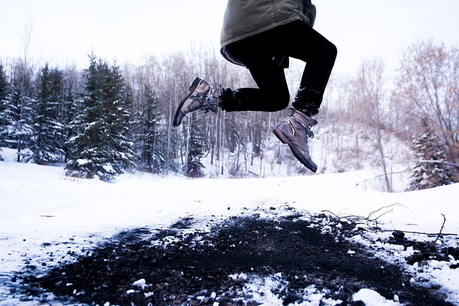 leap, jump, jumping, winter, snow, boots, outdoors, ground HD wallpaper
