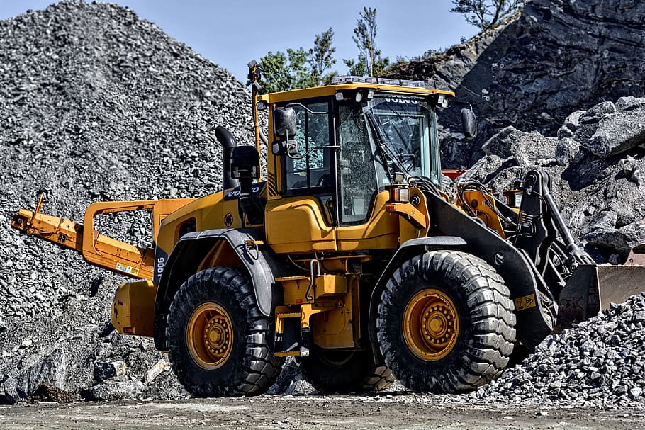 yellow and black front loader carrying gravel, digger, machine, HD wallpaper