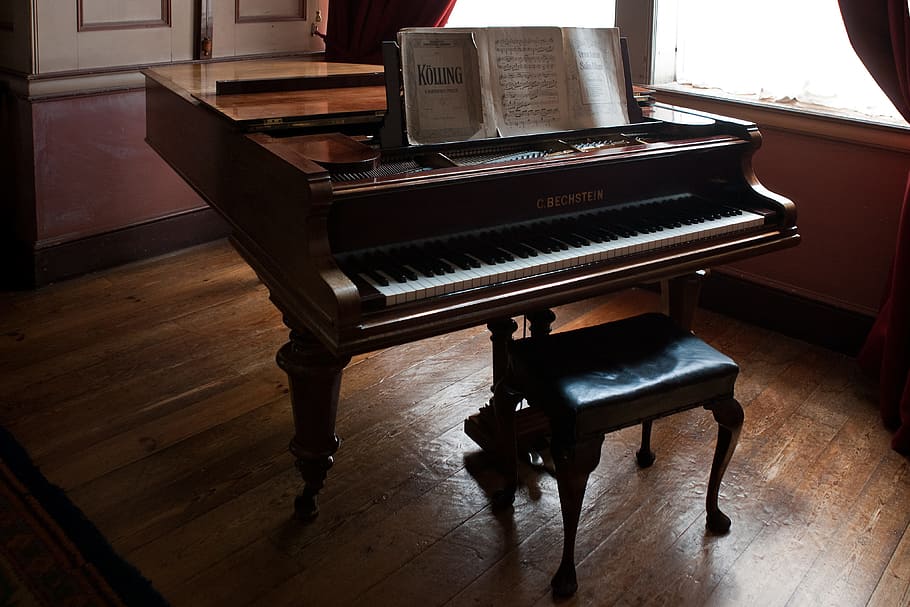 grand piano near window, piano stool, sheet-music, oak flooring, HD wallpaper