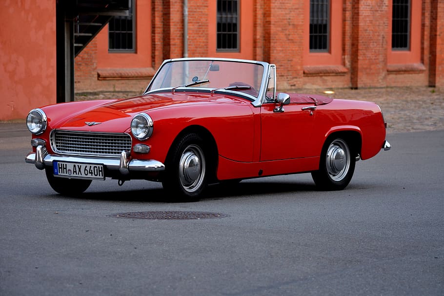 classic red convertible coupe, traffic, auto, oldtimer, vehicle HD wallpaper