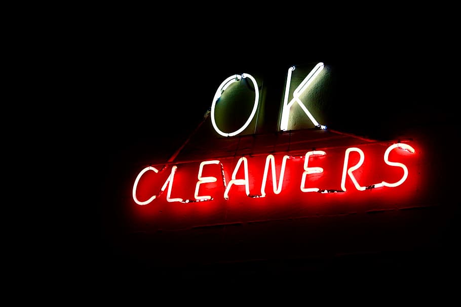 OK Cleaners neon signage, Ok Cleaners neon light signage, night, HD wallpaper