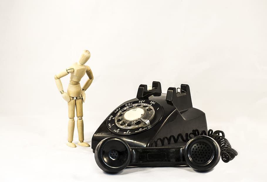 Black Rotary Telephone Beside Beige Manekin, antique, classic, HD wallpaper