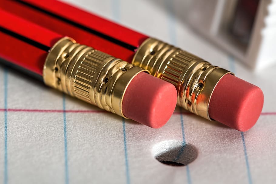 closeup photo of two red pencils, eraser, notepad, write, paper HD wallpaper