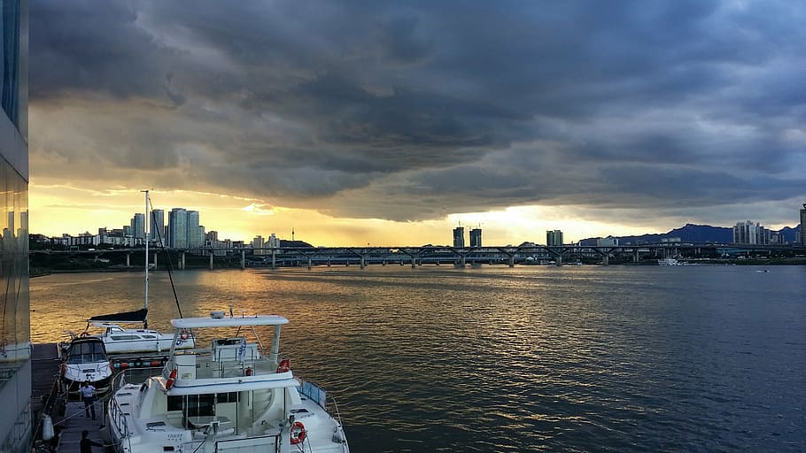 han river, seoul, bridge, cloud, background, cloud - sky, water HD wallpaper