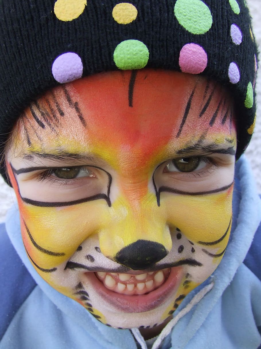 Child, Drawing, Face, Tiger, Cap, a cap, color, merry, happy HD wallpaper