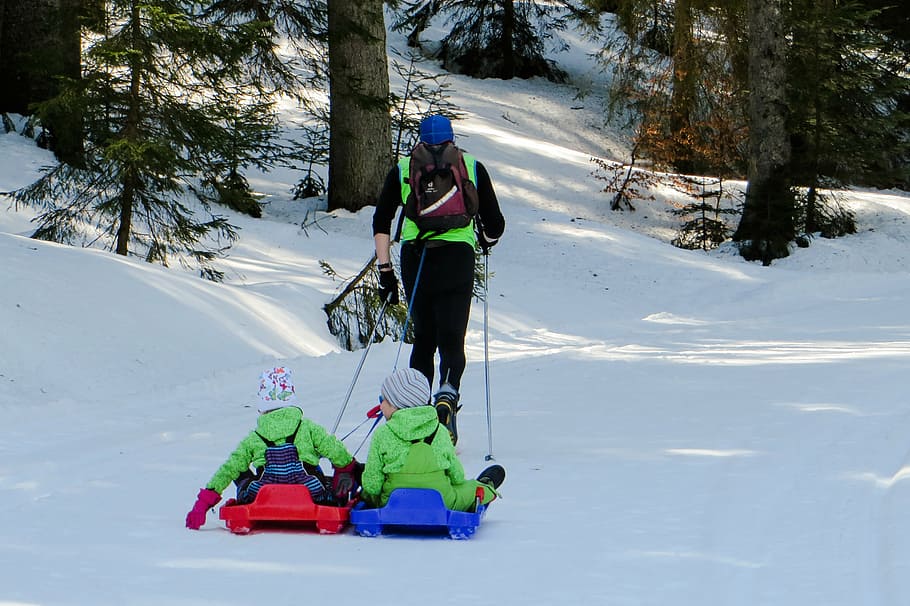 slide, winter, snow, fun, sleigh ride, children, drag, pleasure HD wallpaper