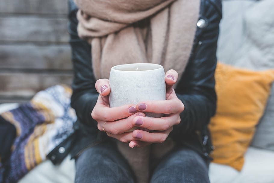 woman holding gray cup, herbal, tea, drink, healthy, lifestyle, HD wallpaper