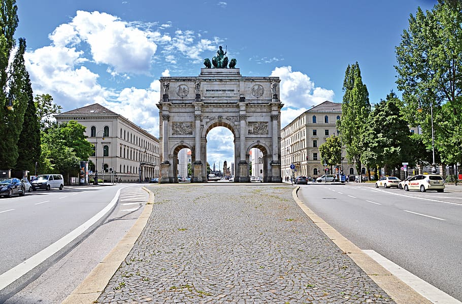 stone gate during daytime, Munich, Siegestor, Building, Germany HD wallpaper