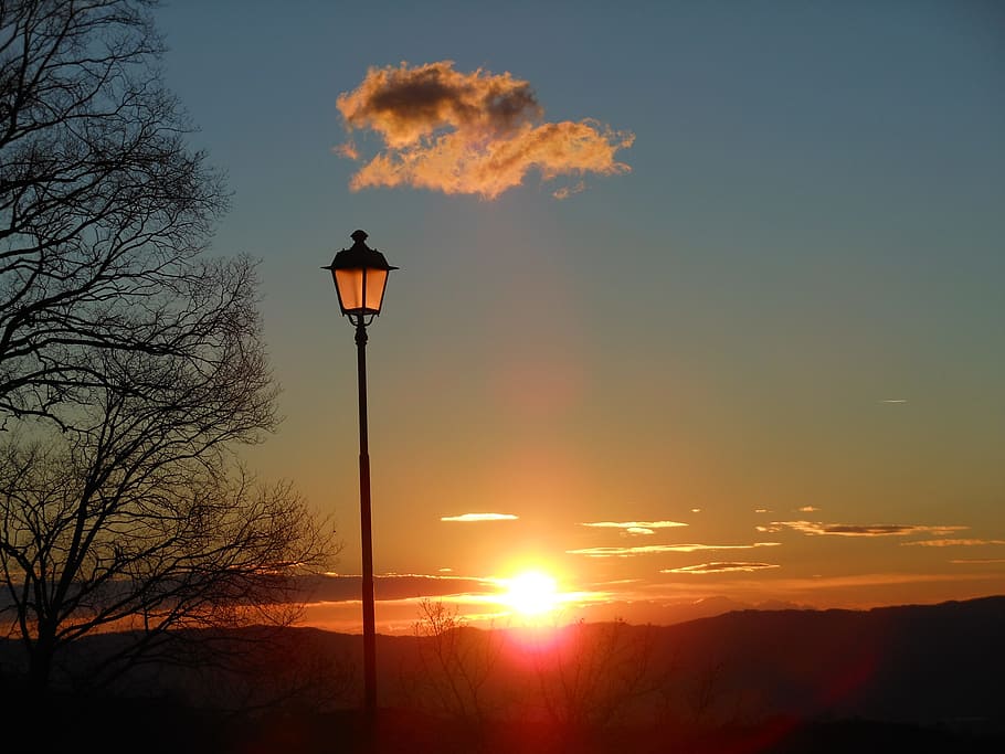 Lamppost, Sunset, Landscape, sky, fanale, evening, pratomagno HD wallpaper