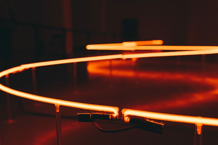 shallow focus photography of red strip lights, yellow neon light, HD wallpaper