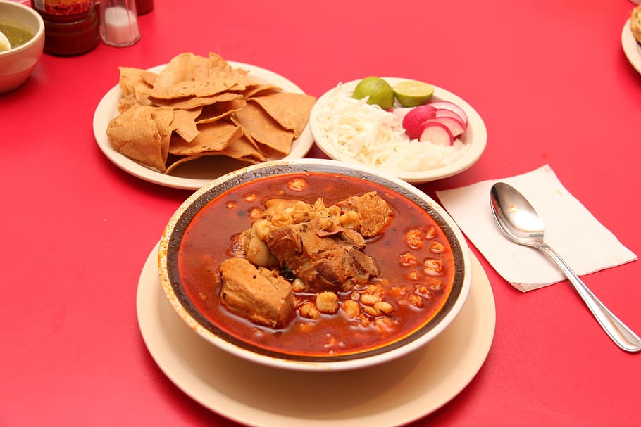 plate of chips and soup, pozole, restaurant, food, nachos, mexican cuisine