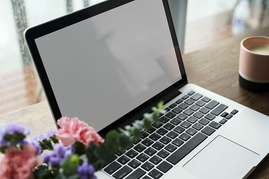 gray laptop near pink and purple flowers, computer, cup, mug HD wallpaper