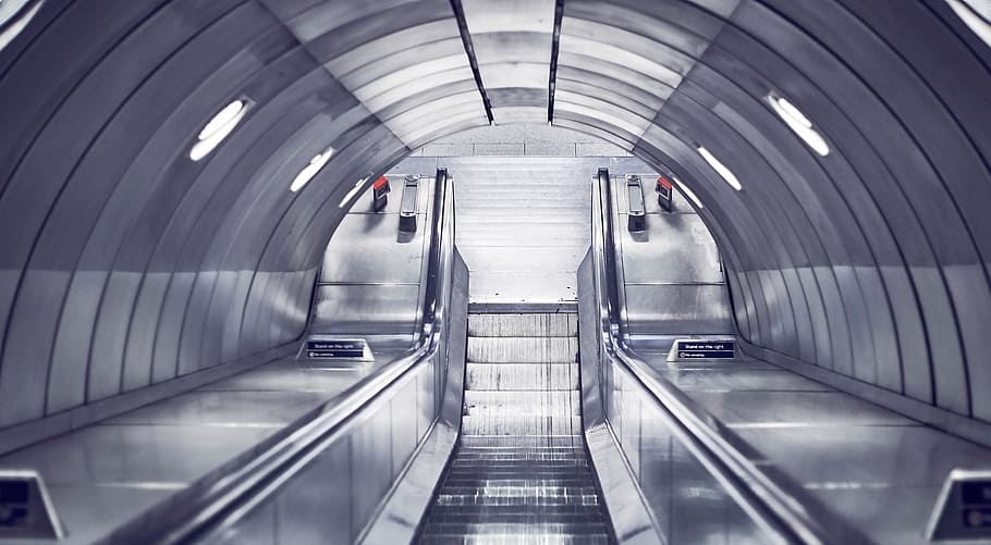 gray escalator, empty illuminated escalator, Going down, silver HD wallpaper