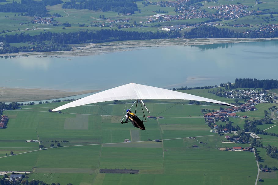 hang glider, hang gliding, air sports, landscape, flying, lake, HD wallpaper