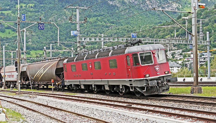 train on railroad, freight train, switzerland, the track pitch is extremely