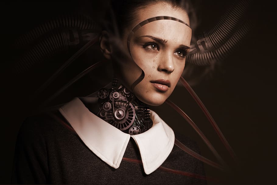 closeup photo of human robot in brown shirt, woman, face, cry, HD wallpaper
