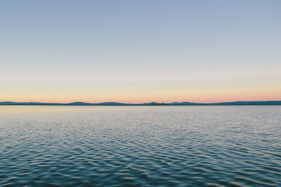 aqua, dawn, dust, horizon, lake, land, ocean, peace, peaceful, HD wallpaper