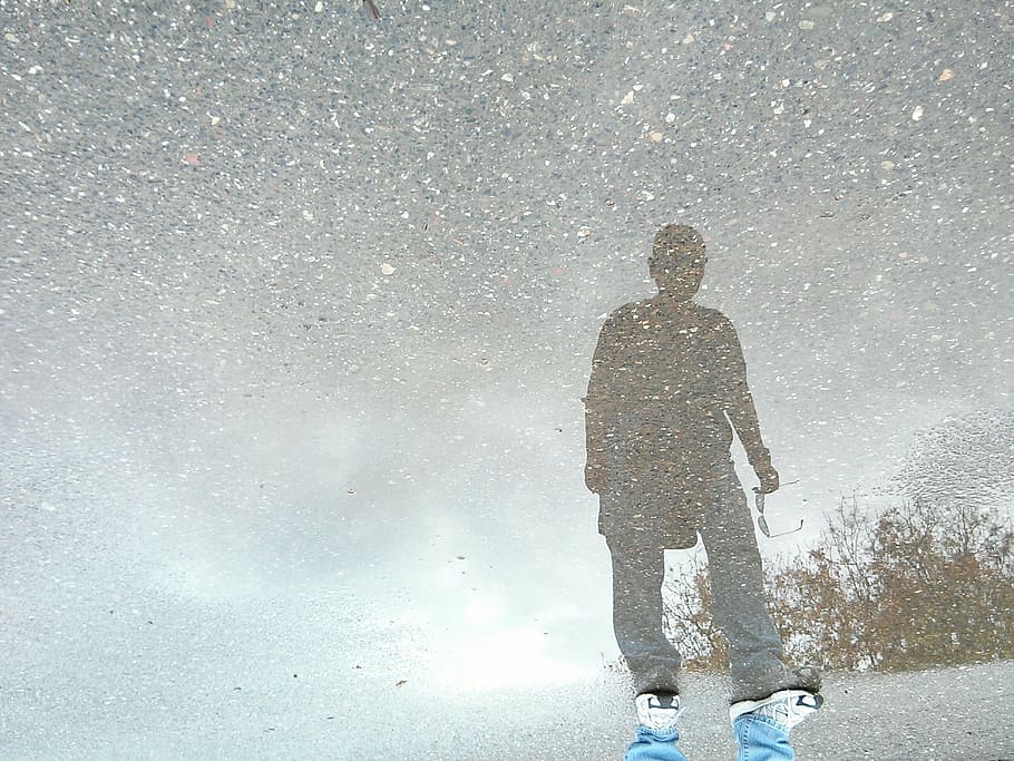 reflection, puddle, outdoor, blue, asphalt, clouds, silhouette HD wallpaper