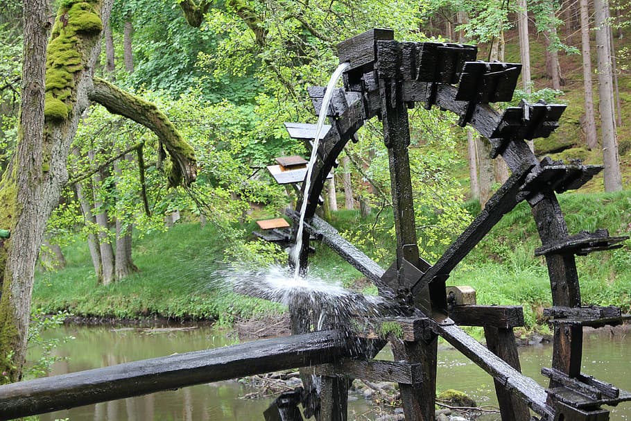 bach, mill, water, forest, waterwheel, river, idyllic, mill wheel HD wallpaper