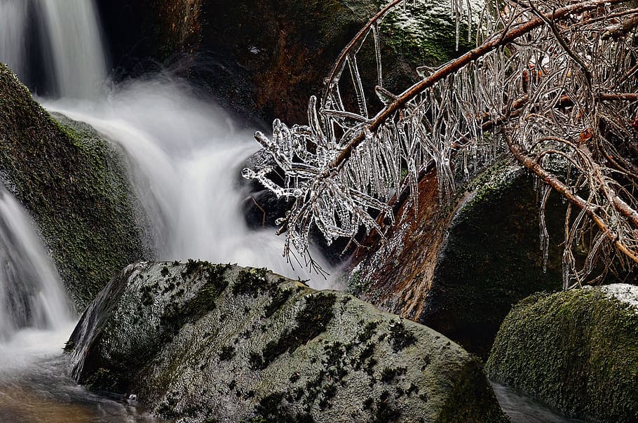 winter, ice, winter creek, water, plant, tree, waterfall, beauty in nature HD wallpaper