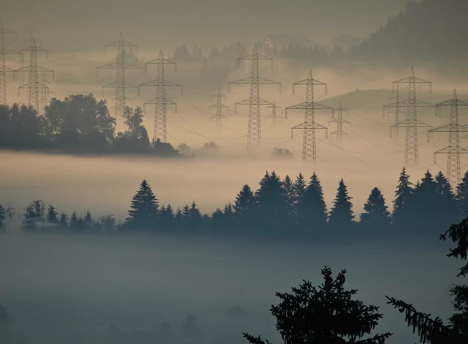fog, power line, pylon, fog überlandleitung, strommast, high voltage, HD wallpaper