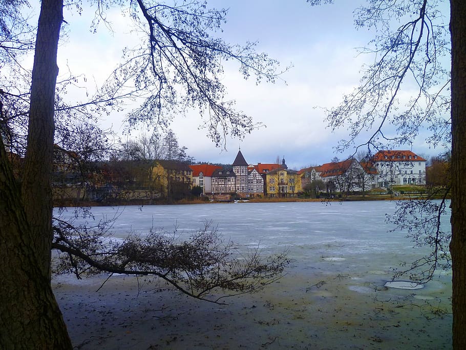 winter, lake, village, wintry, cold, frozen, nature, burgsee HD wallpaper