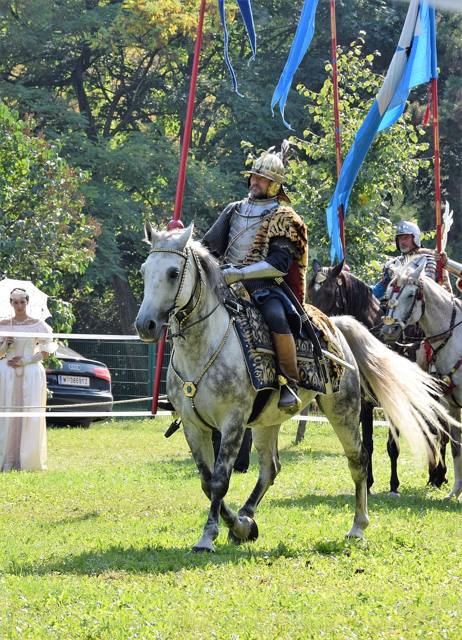 man riding white horse, sommerfest, knight, attack, middle ages, HD wallpaper