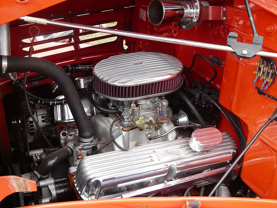 engine compartment, automotive, american, oldtimer, red, land vehicle HD wallpaper