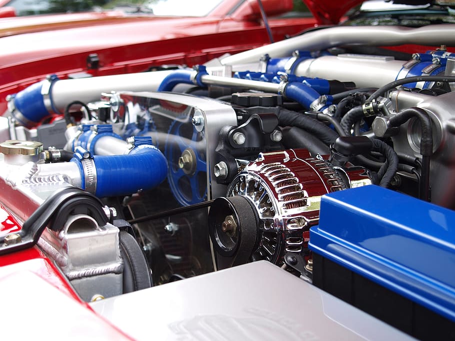 blue and chrome engine bay, vehicle, technology, automobile HD wallpaper