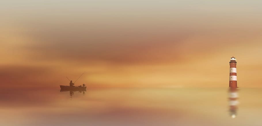 silhouette of person riding on boat while fishing, sunset, dawn HD wallpaper