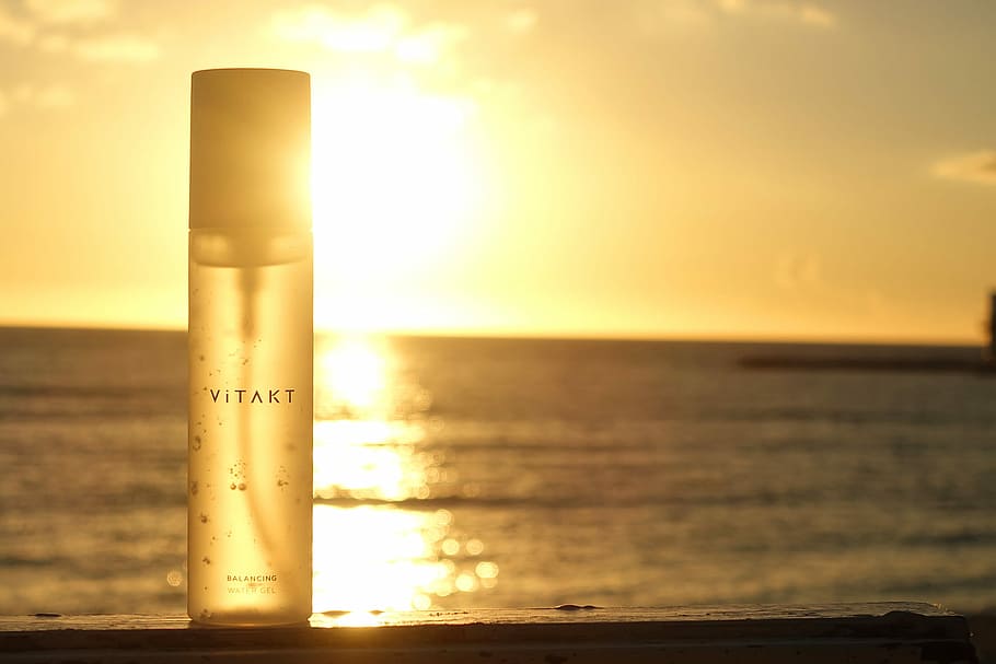 Vitakt bottle on white wooden, sea, sunset, beach, nature, sunlight HD wallpaper