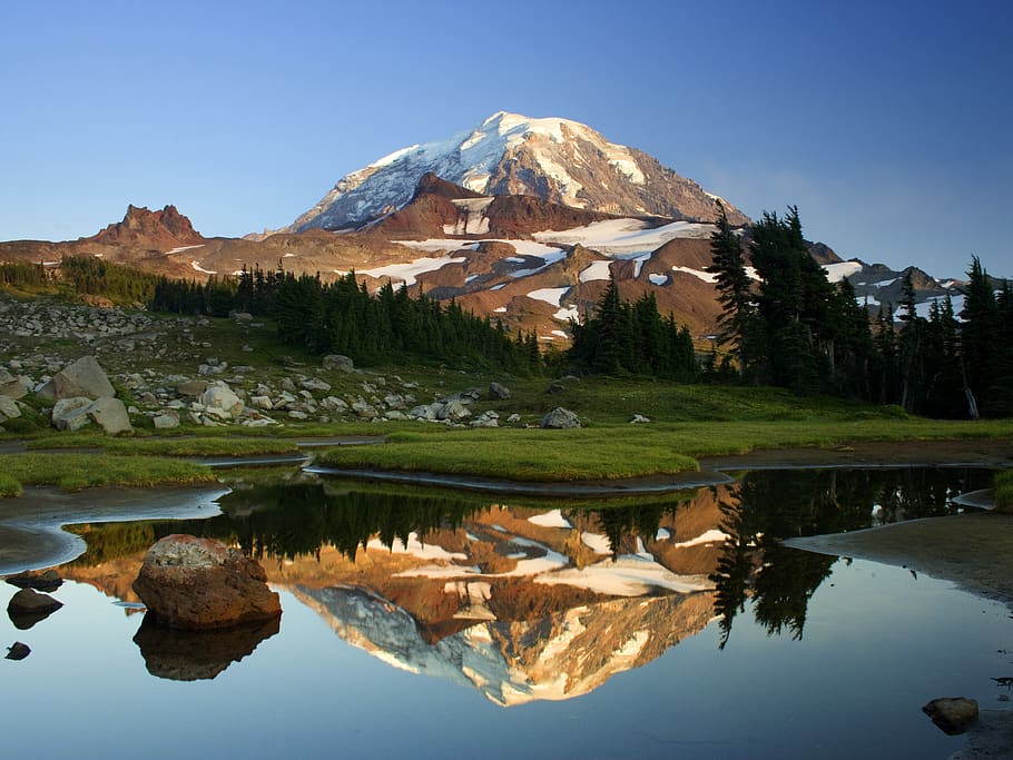 mountain, reflection, landscape, nature, water, sky, lake, blue HD wallpaper