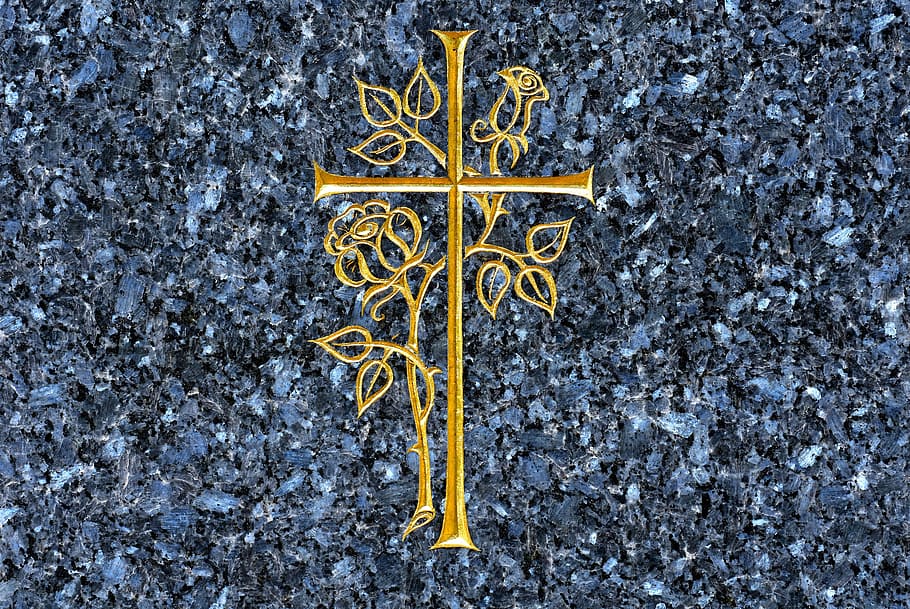 cross, granite slab, pattern, roses, grey, stone, tombstone HD wallpaper
