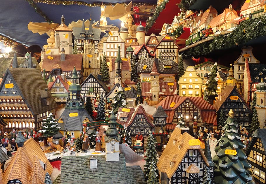 assorted-color house miniature collection, christmas market, sales stand, HD wallpaper